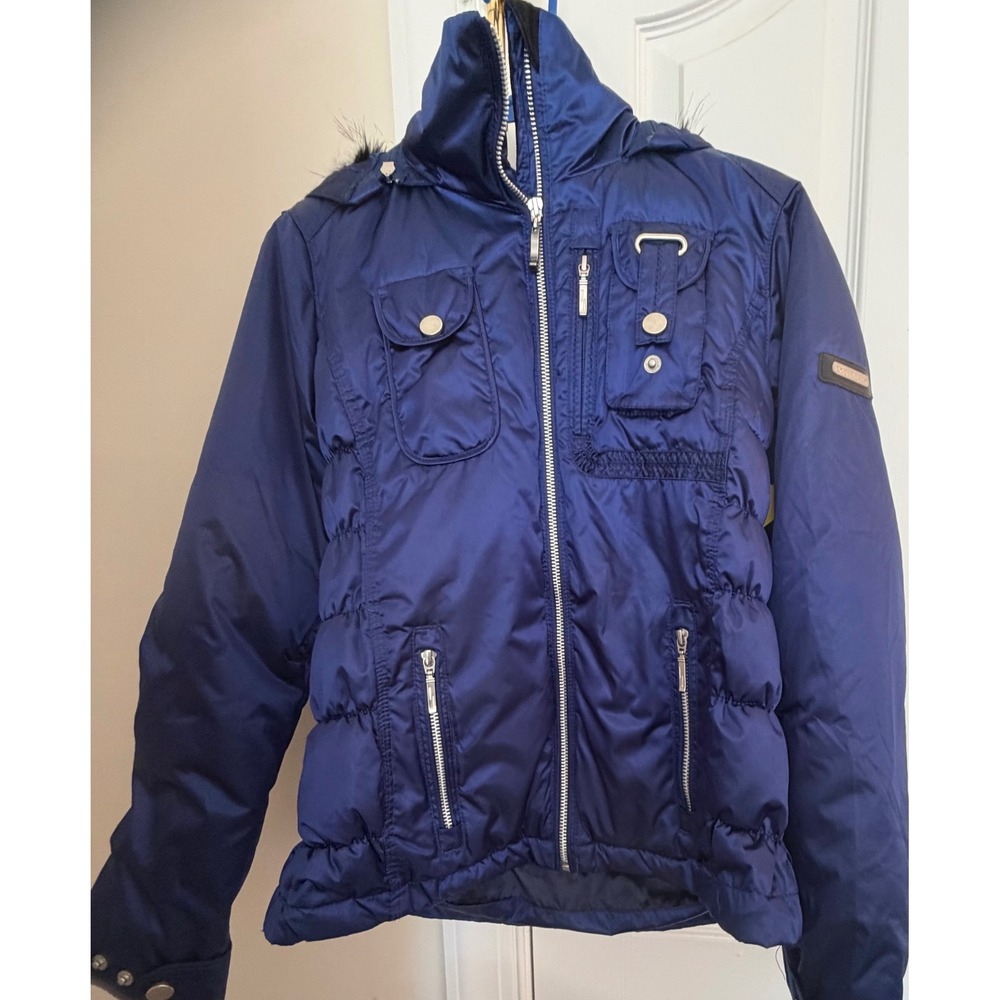 Obermeyer Leighton Blue faux Fur Trim Hooded Puffer Jacket Women ski Coat size 4